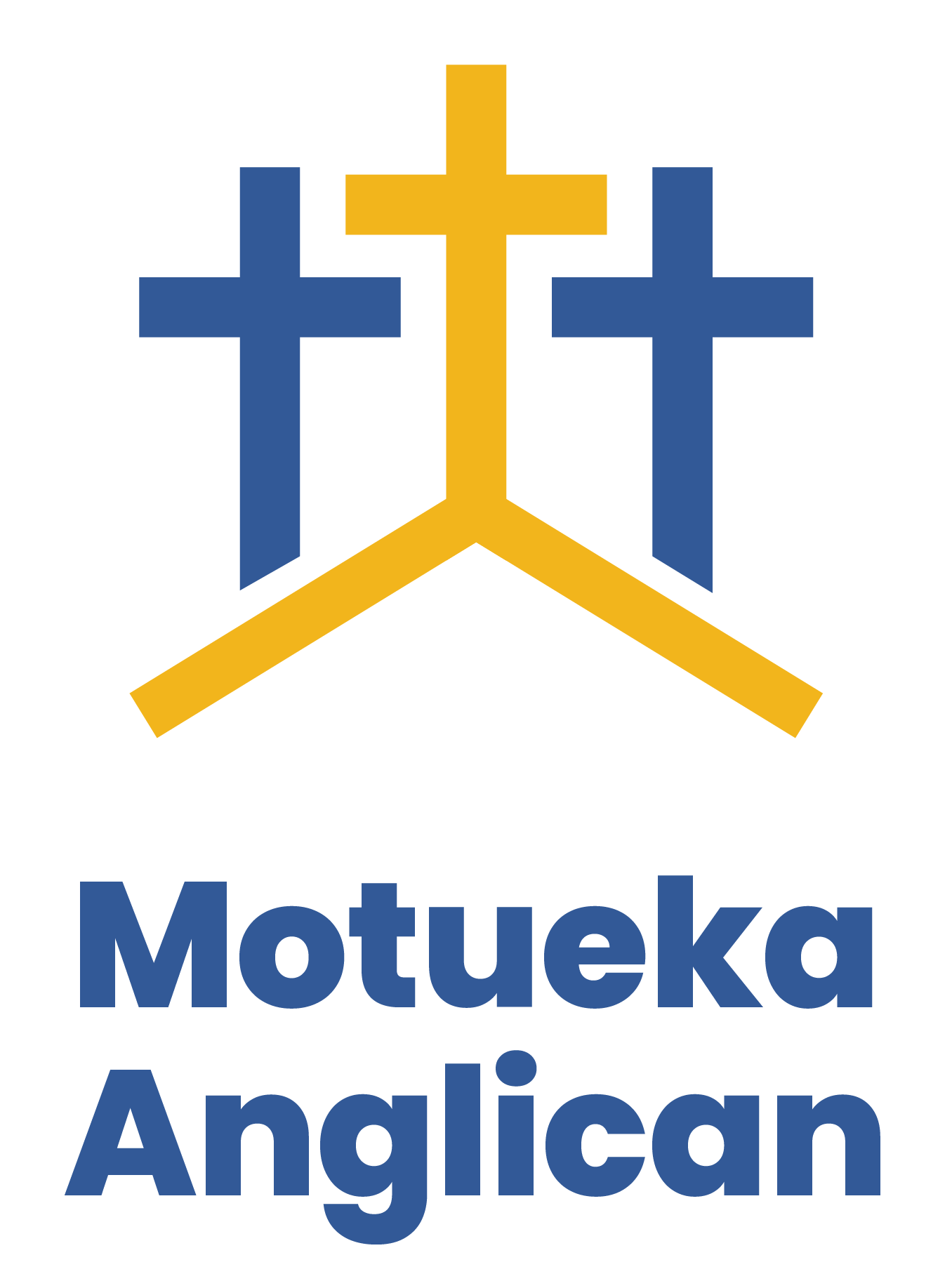 Logo of Motueka Anglican church featuring three crosses, with one gold and two blue, and the church name below.