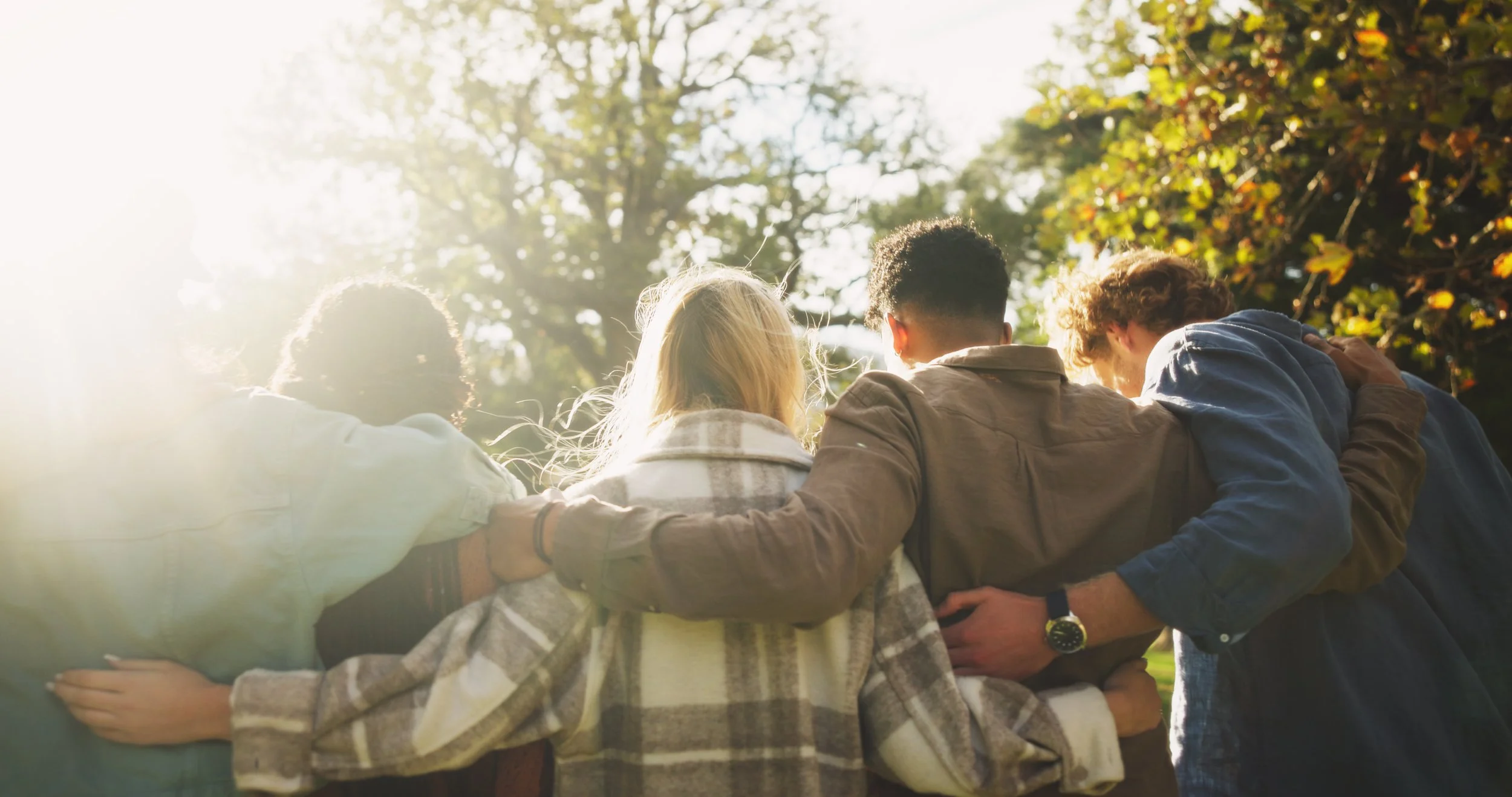 A group of friends with their arms around each other, standing outdoors in a park with trees, enjoying the sunlight.