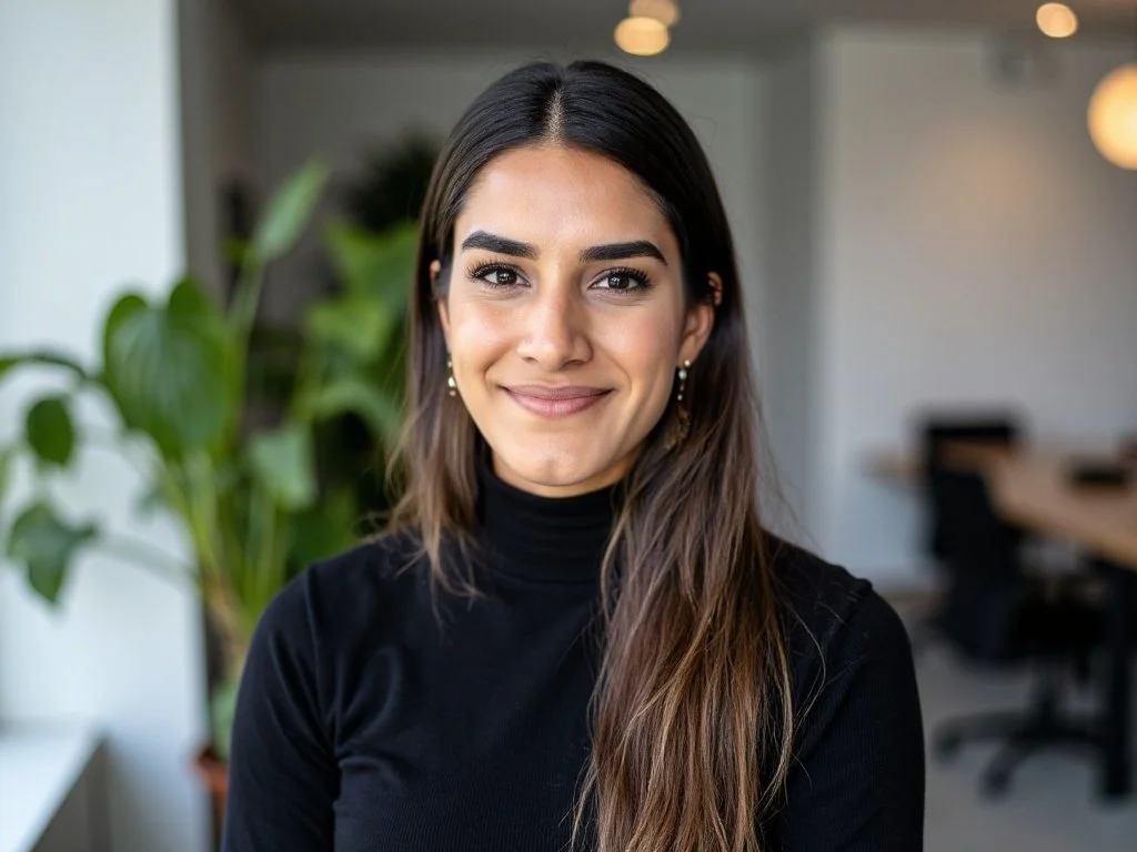 A young woman with long, dark hair, wearing a black turtleneck sweater and earrings, smiling at the camera in a modern office setting with plants and blurred furniture in the background.