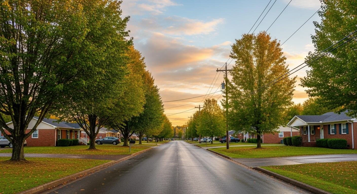 A quiet suburban street lined with green trees and brick houses during sunset.