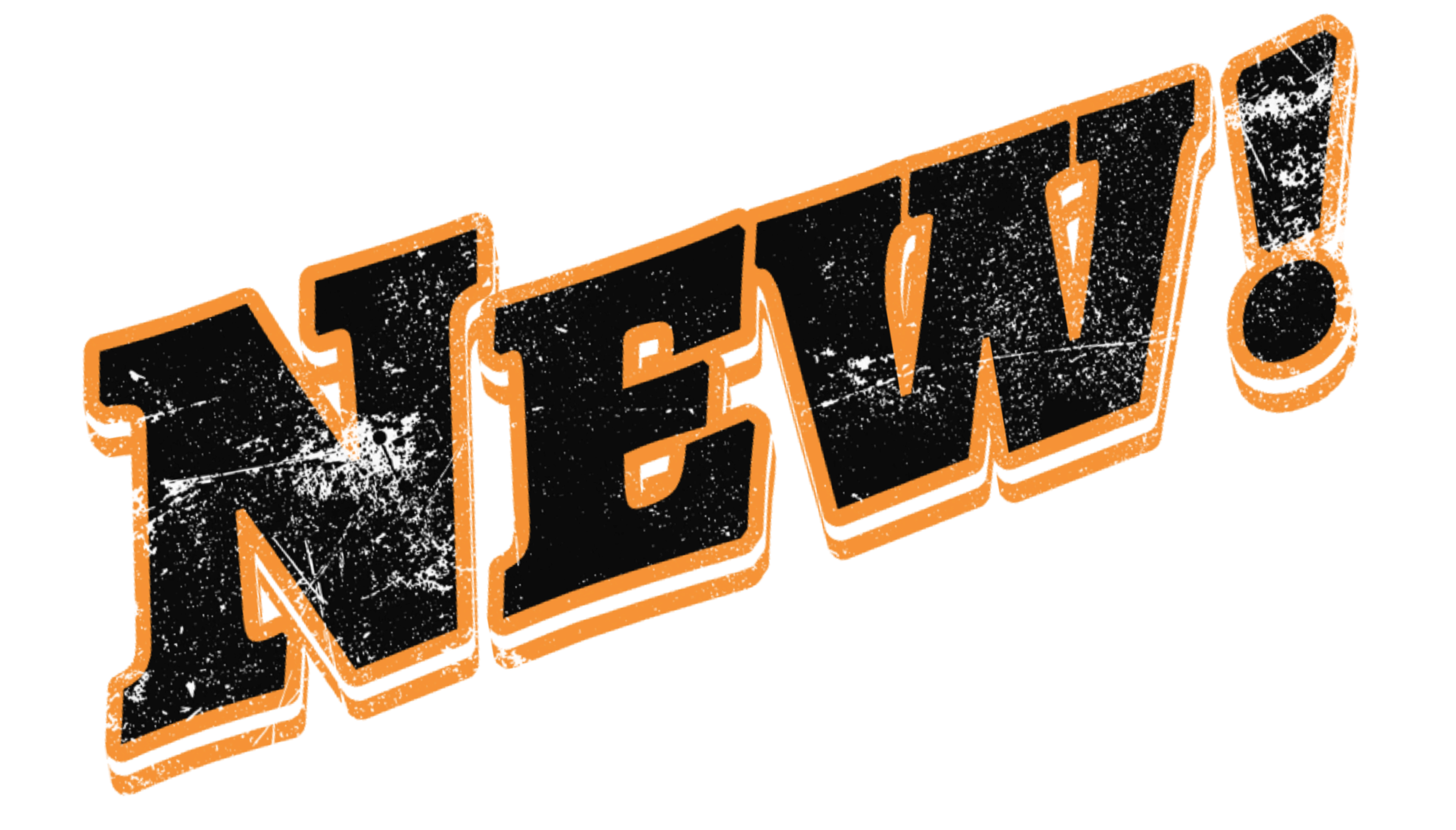 The word "NEW" in bold black letters with an orange border, tilted slightly to the right.
