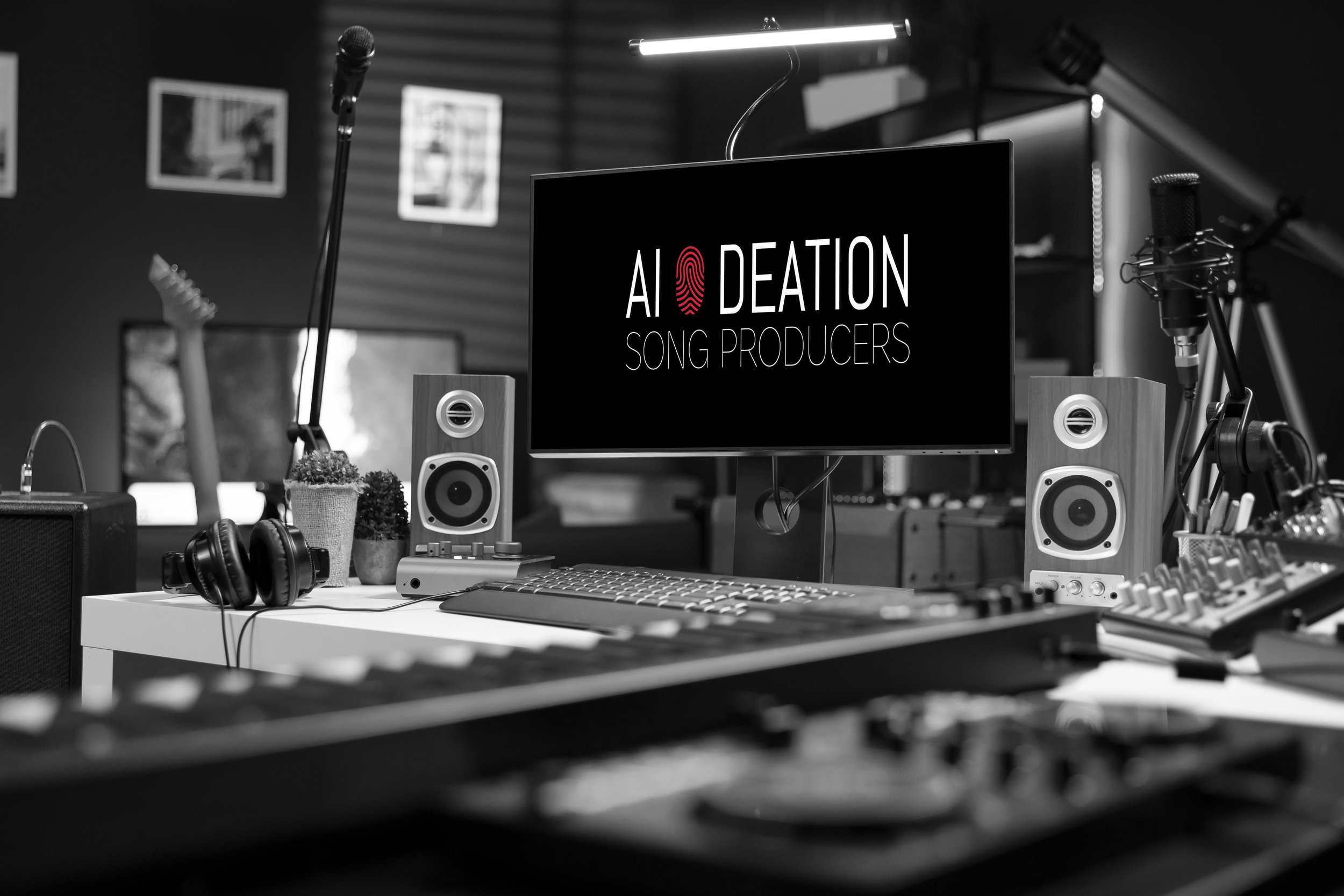 A music production studio with a computer monitor displaying the logo 'AI Deation Song Producers,' surrounded by studio equipment including speakers, headphones, a keyboard, and a microphone.