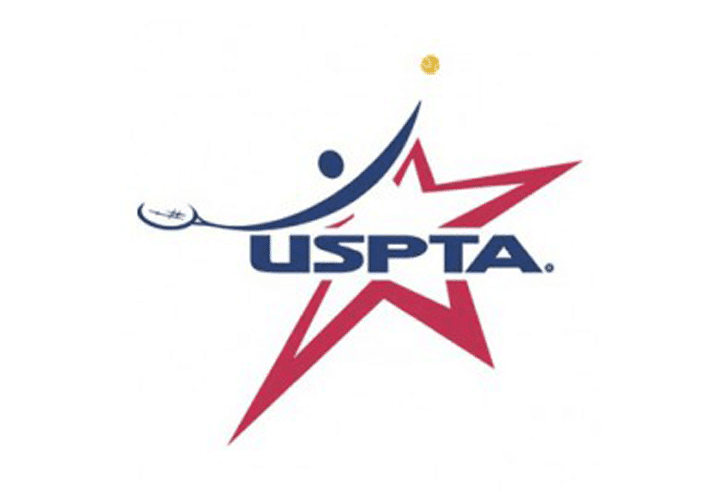 Logo of the U.S. Professional Tennis Association (USTPA) with a red star, blue and red design elements, and a stylized figure holding a tennis racket.