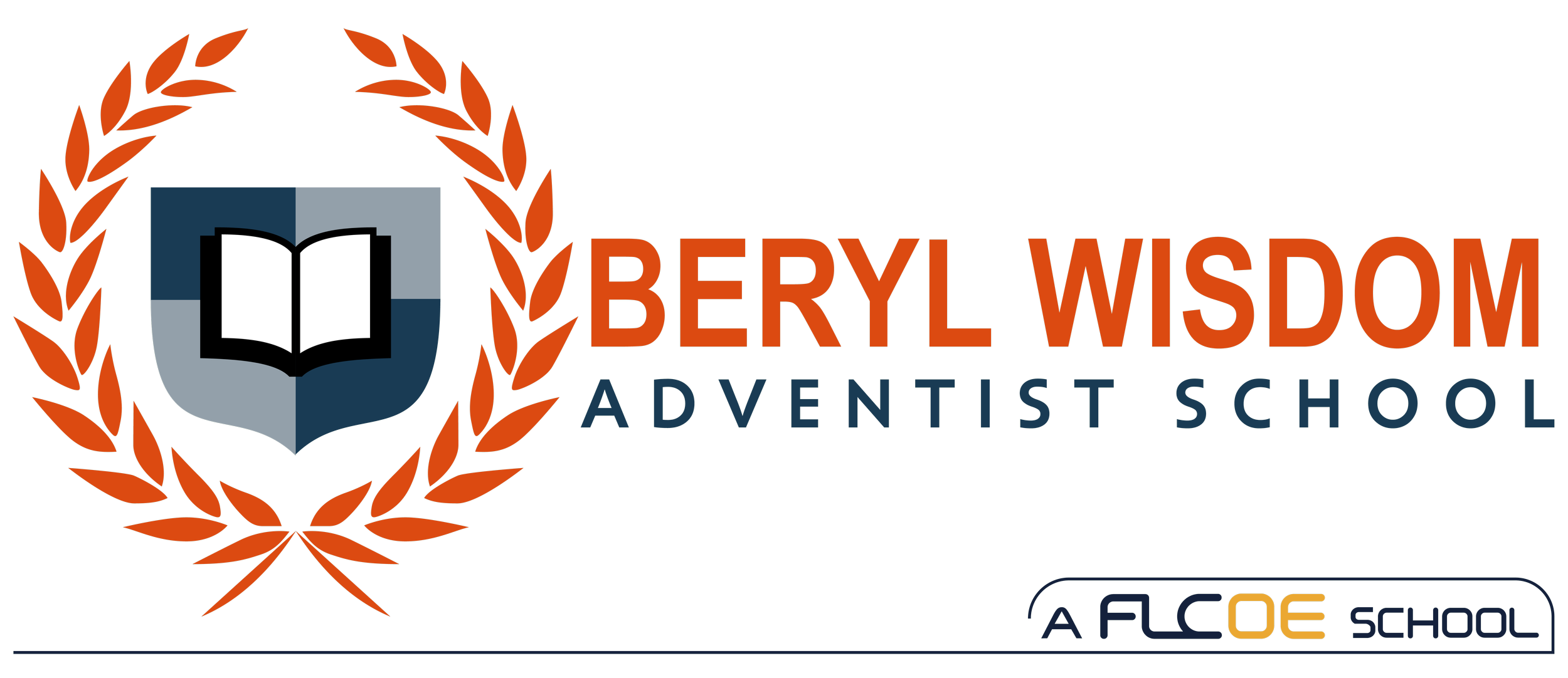 Logo of Beryl Wisdom Adventist School with a shield, open book, and laurel wreath, including text and school branding.