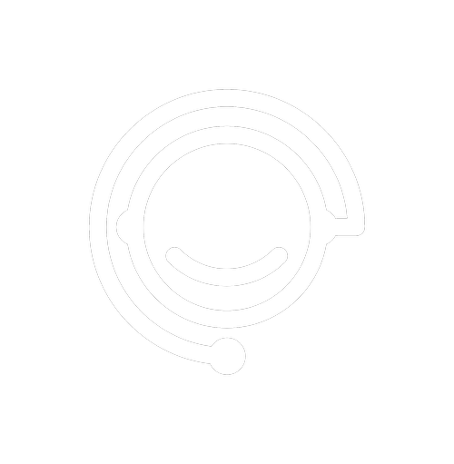 White headset icon with a smiling face on a black background.