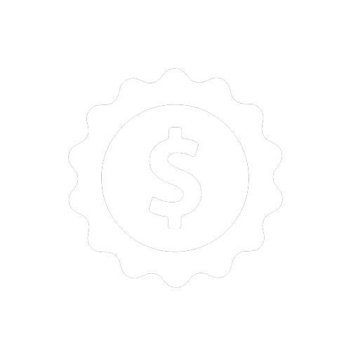 A white dollar sign inside a black circle, bordered by a scalloped edge, on a black background.