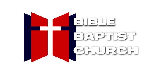 Logo of Bible Baptist Church featuring a red and white cross with blue background and bold white text.