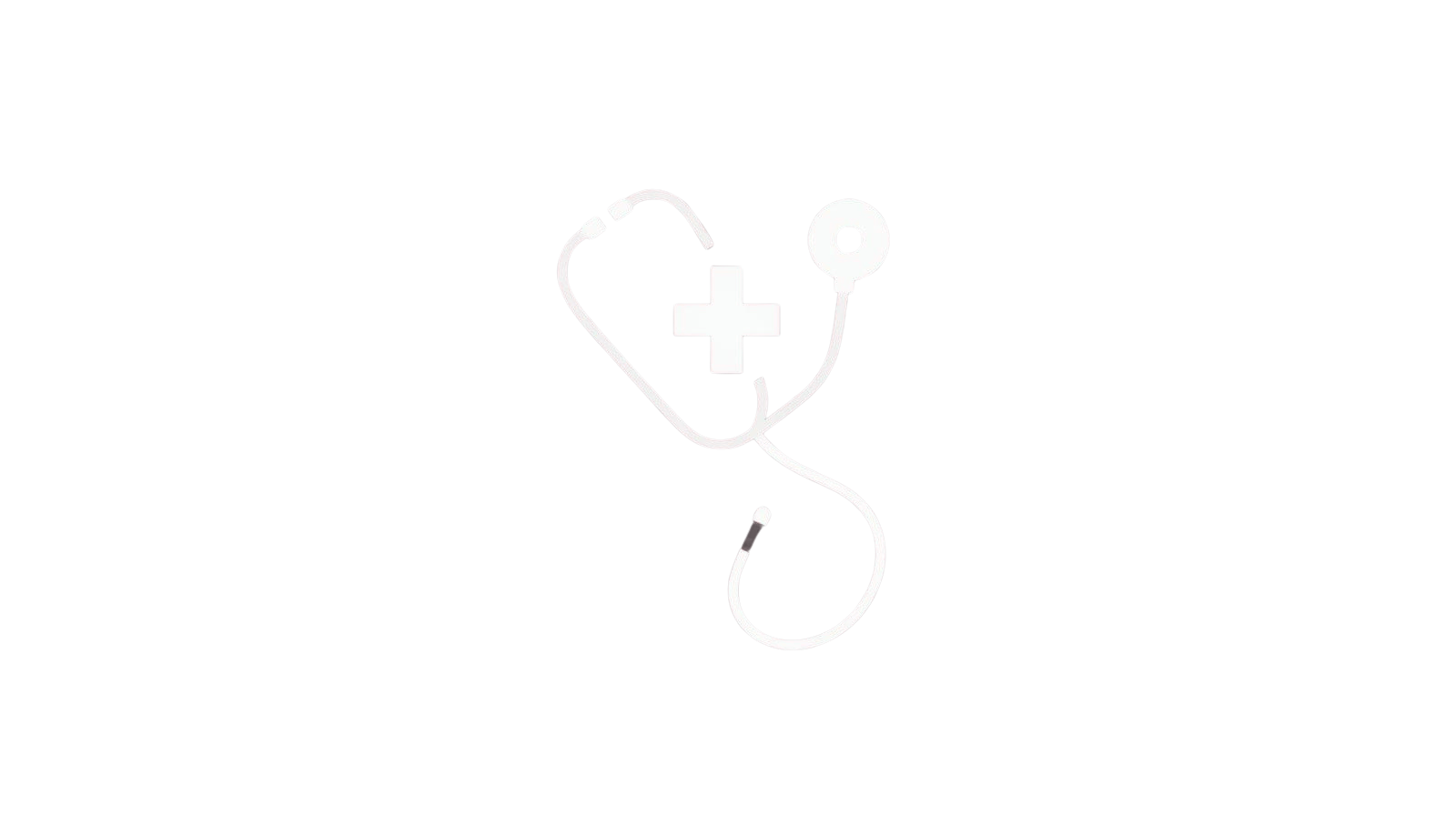 White stethoscope with a plus sign in the center on a black background.