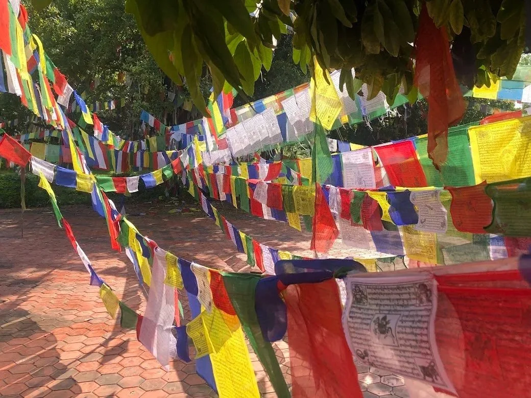 prayer flags in courtyard in nepal