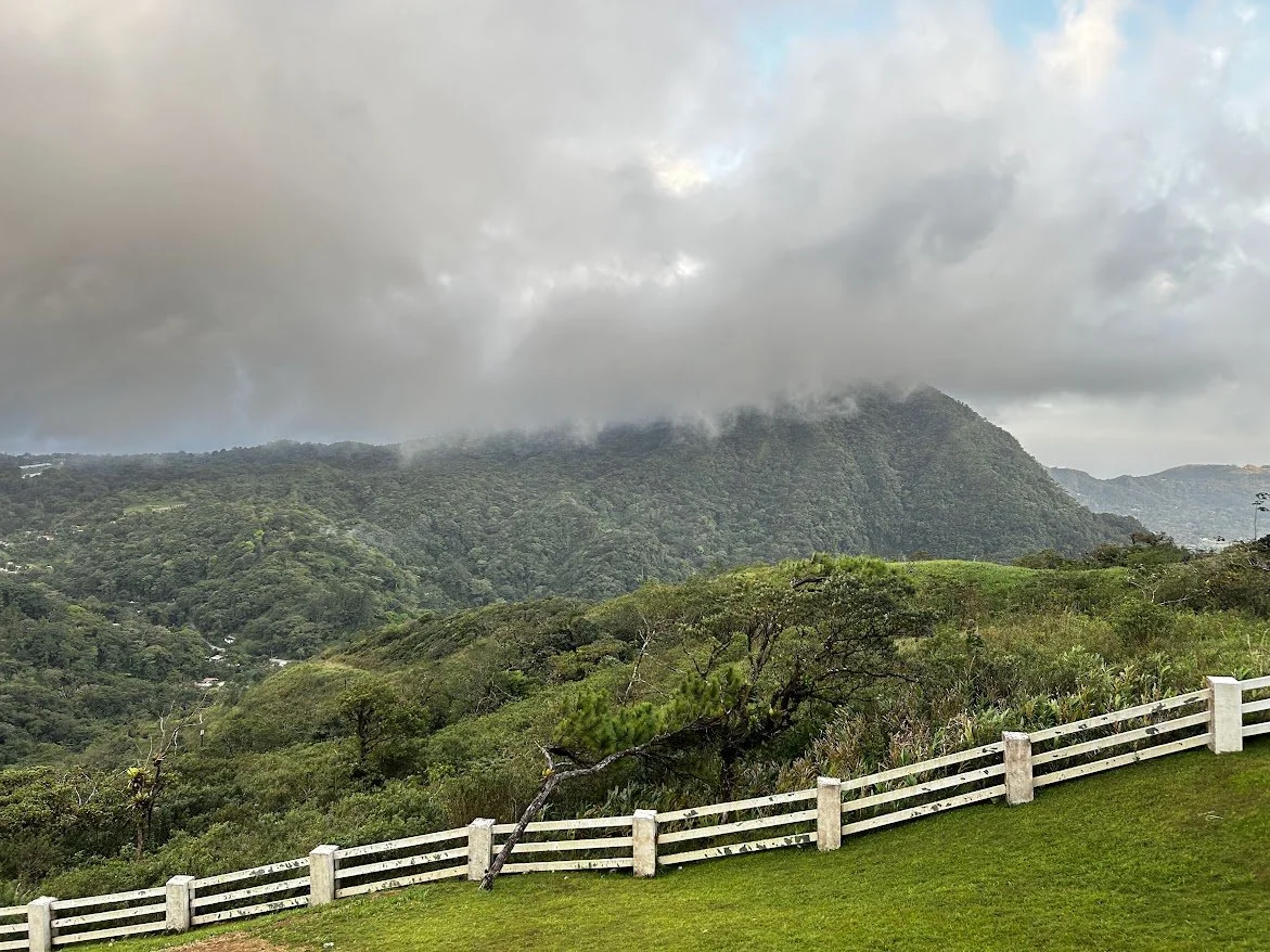 Green hillside with white fence, lush trees, mountainous terrain in the distance under cloudy sky.