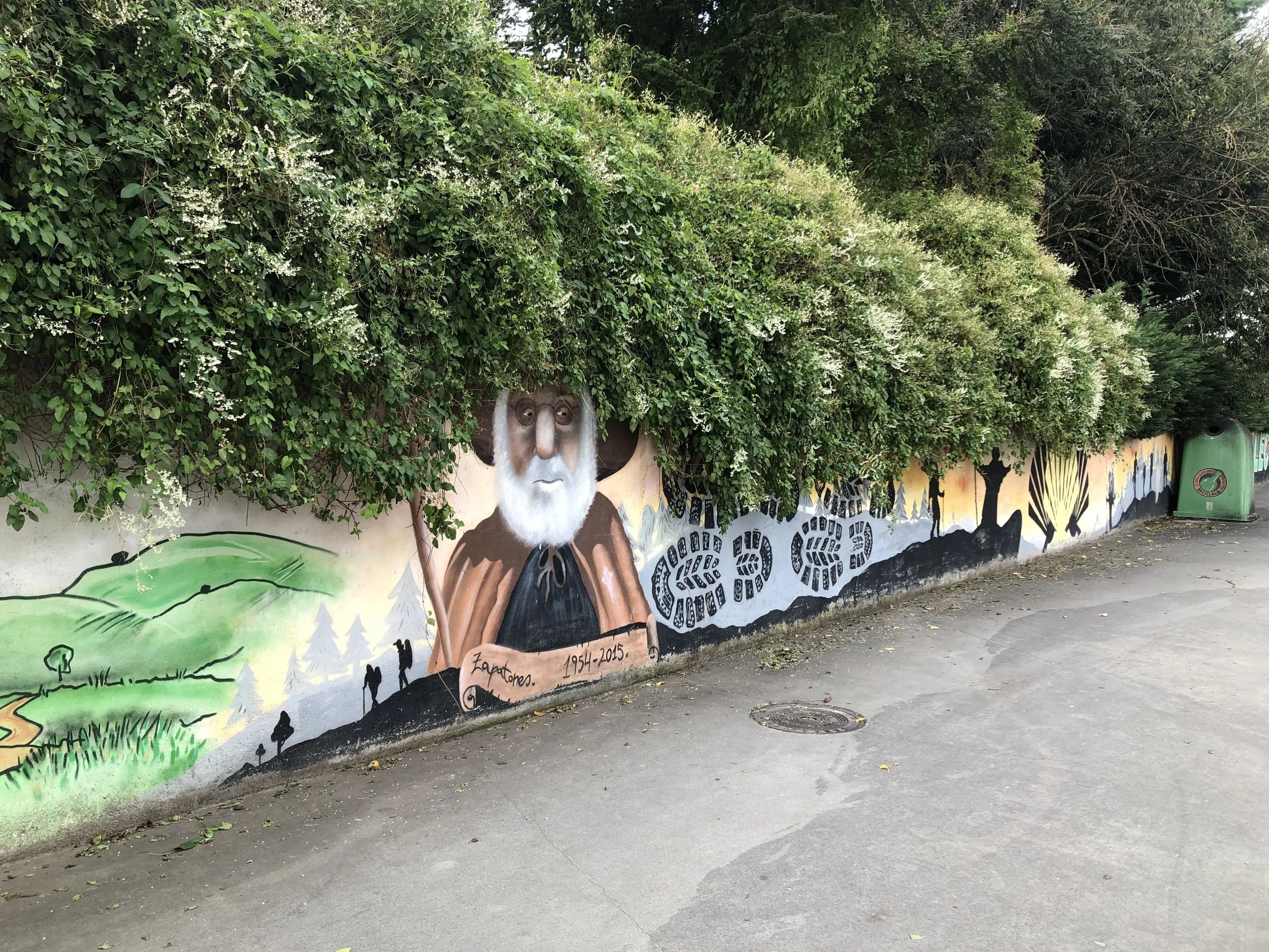 wall mural of camino travellers with hedge and asphalt road