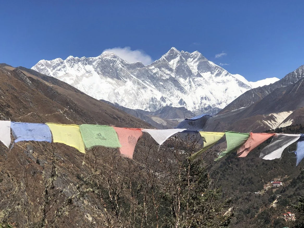 mountains himalayas everest snow and prayer flags