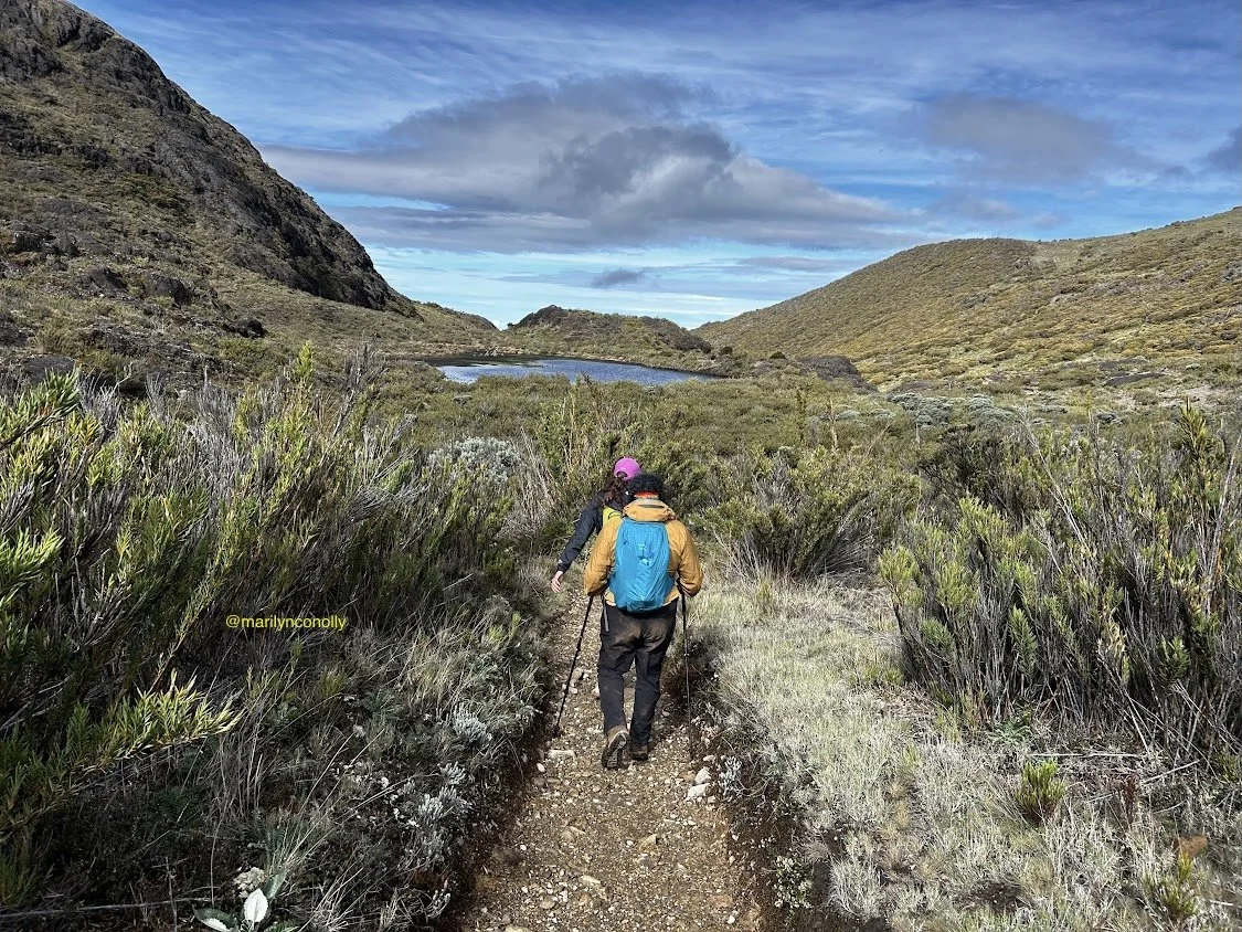 women hikers walking away from camera towards lake in open landscape view with blue skies and cloud in mountain area