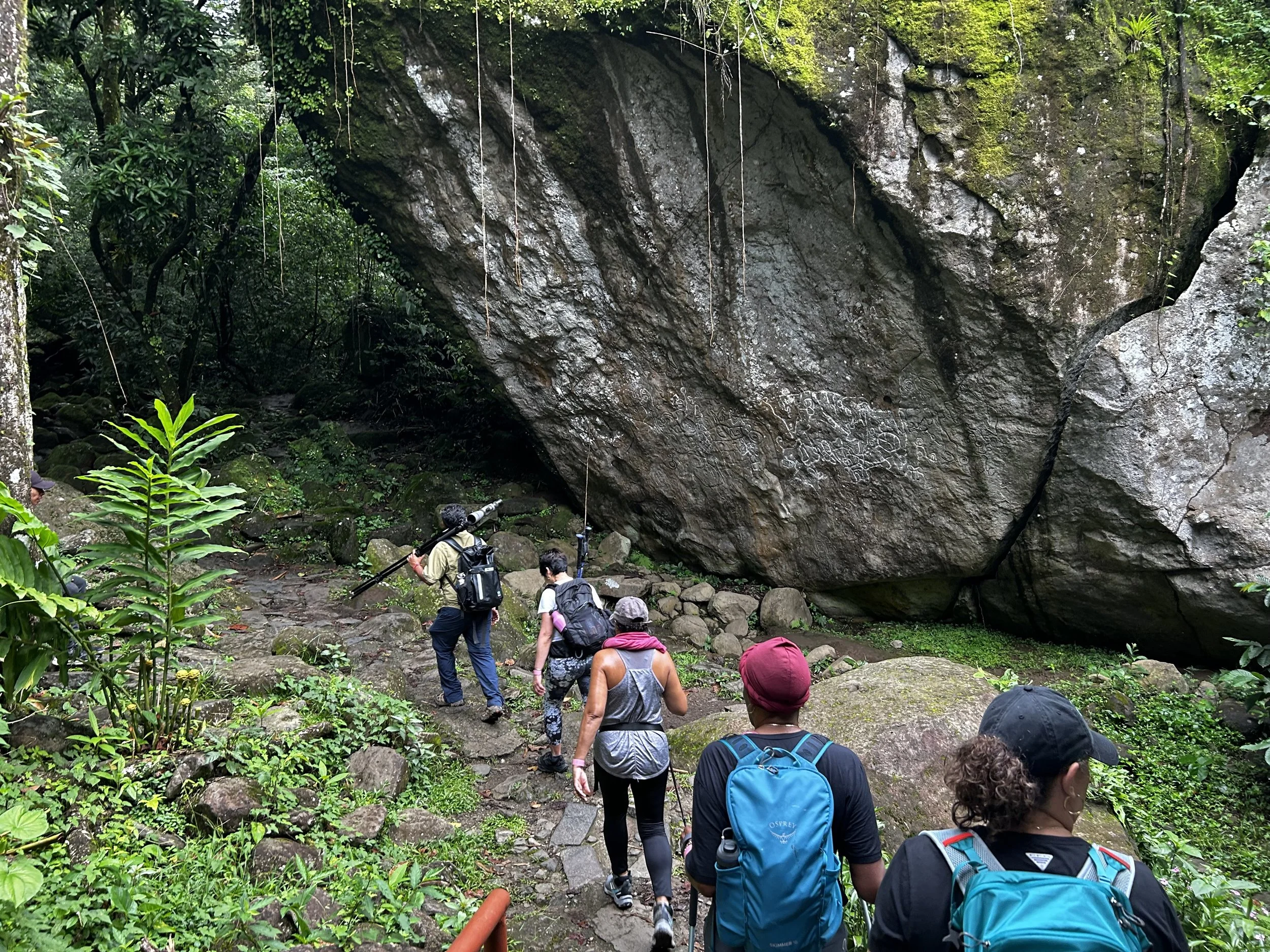 A group of hikers ascending a rocky trail in a lush forest with a large moss-covered rock formation overhead.