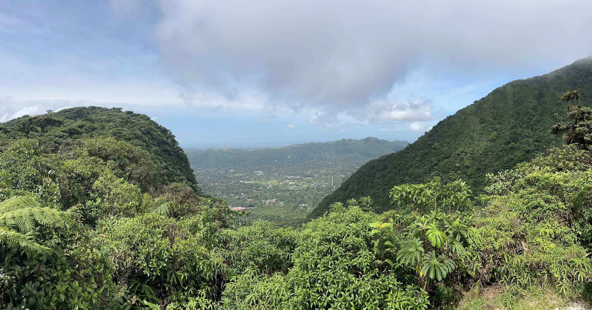 View of lush green mountains with a valley and town below, partially covered by clouds.