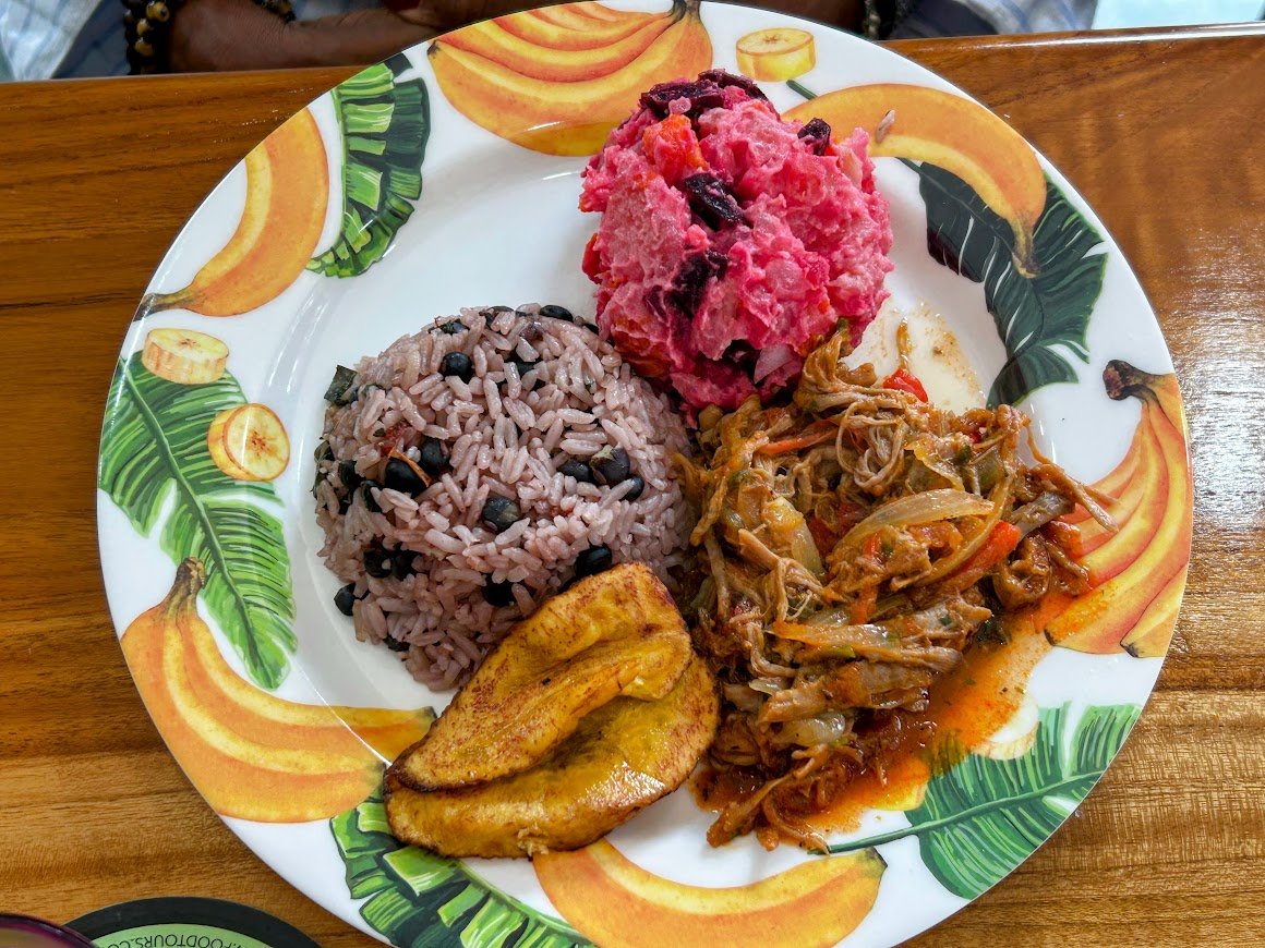 Plate with rice and beans, fried plantain, pulled pork with sauce, and mashed root vegetables with berries on top, on a decorative tropical-themed plate.
