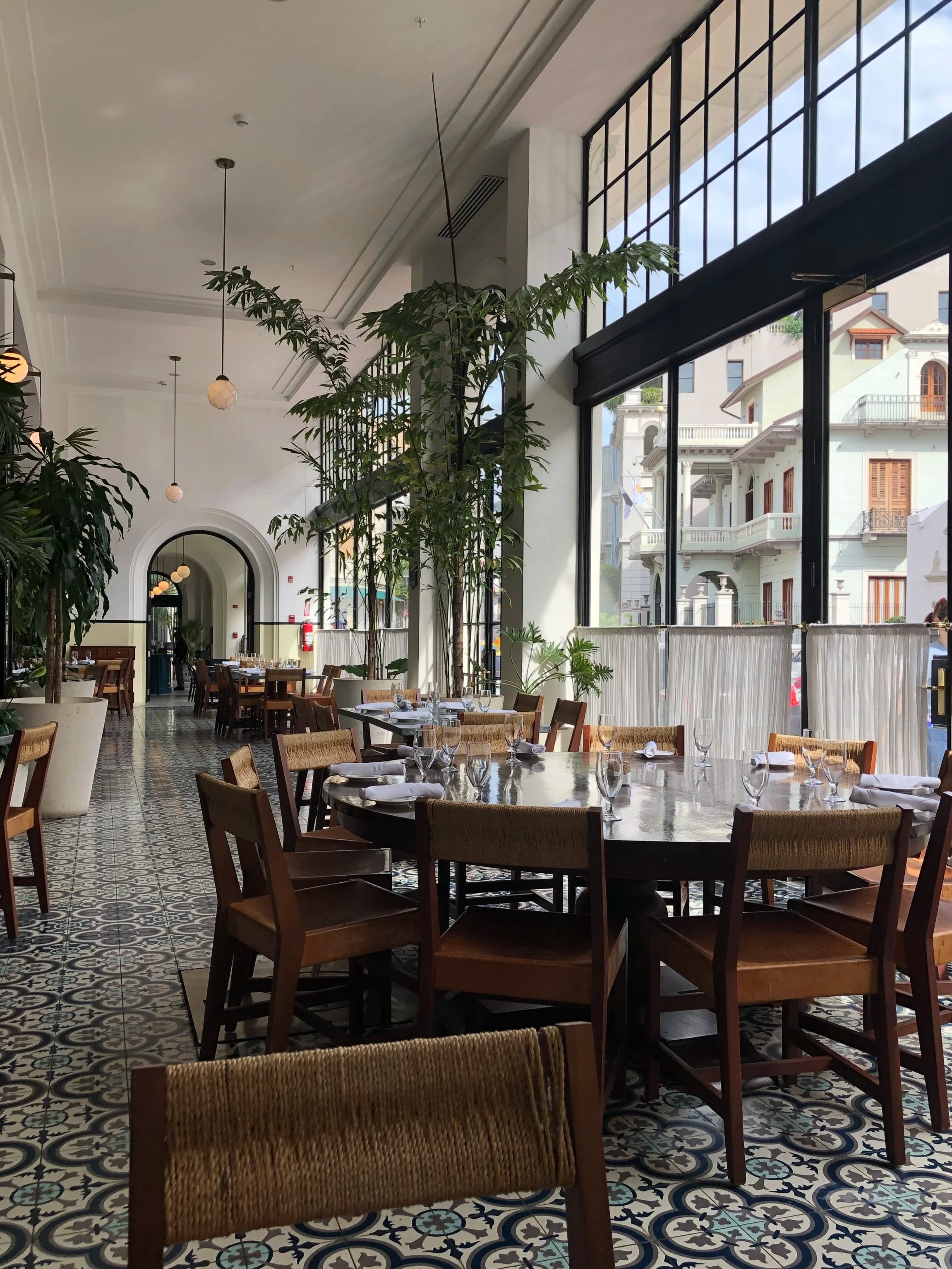 Interior of a restaurant with wooden chairs, tables set with white napkins, surrounded by large potted plants, tall windows allowing natural light, and a patterned tile floor.