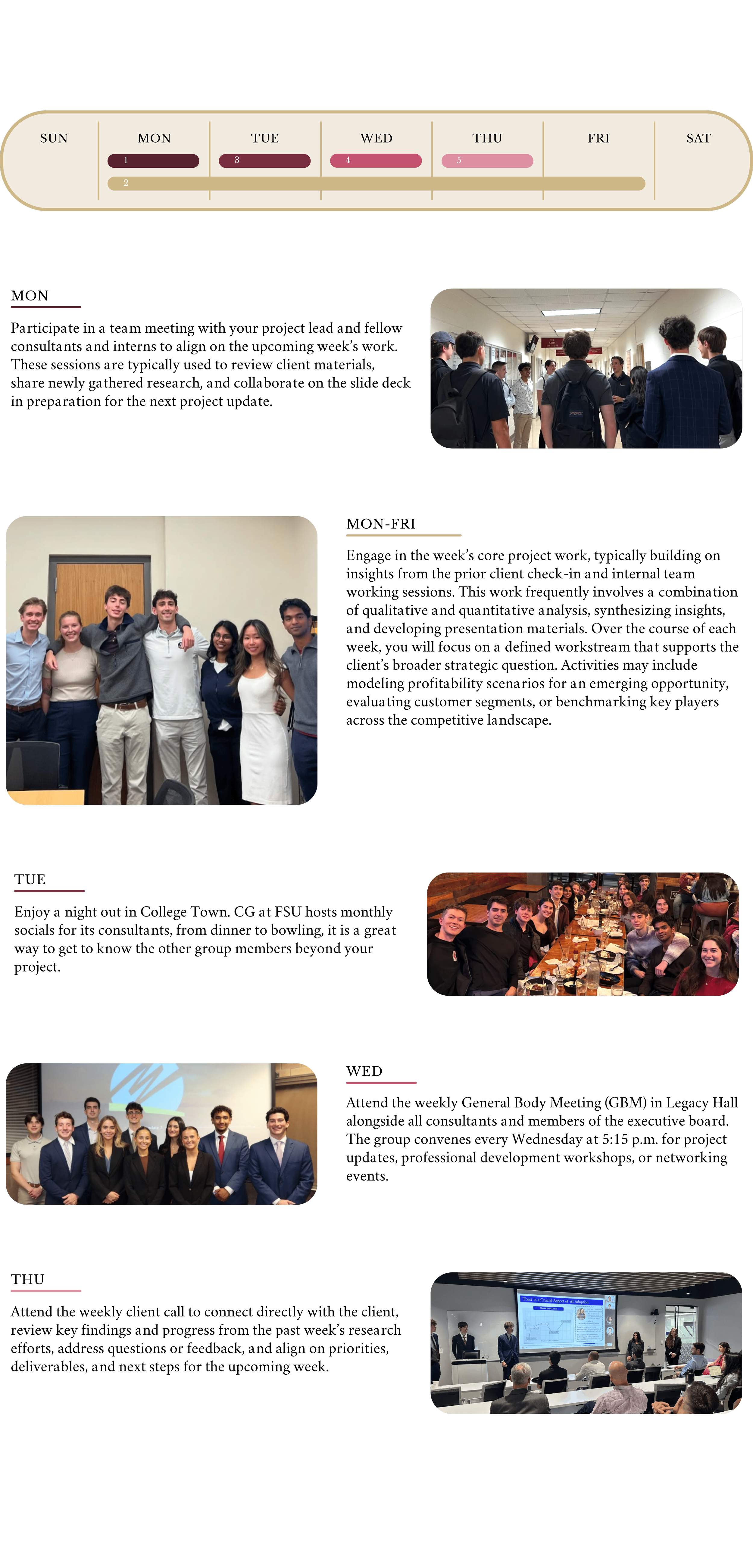 Weekly team project schedule with daily activities and photos of group meetings and social events.