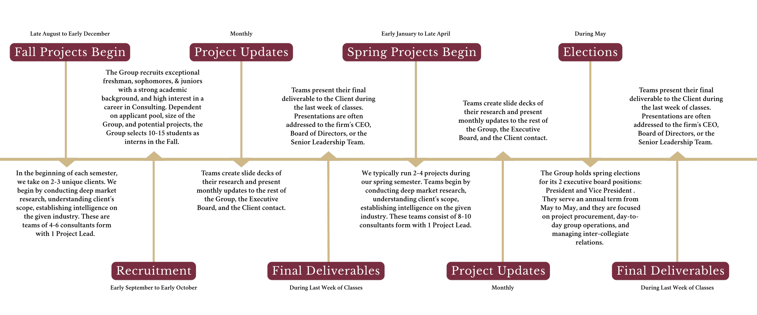 A timeline graphic showing key phases of a project, including fall projects, project updates, spring projects, and elections, with subcategories for recruitment, final deliverables, and project updates.