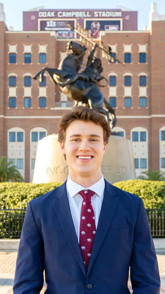 A young man in a navy blazer and tie standing outdoors near a brick building and trees.
