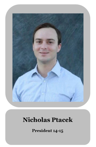Photograph of a young man wearing a light blue button-up shirt, smiling, with short dark hair, and a dark textured background. Below is a label with the name 'Nicholas Ptacek' and the title 'President 14-15'.