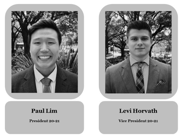 Two black and white portraits of young men dressed in suits. The left portrait shows Paul Lim, President 2020-2021, smiling, with trees and shrubbery in the background. The right portrait shows Levi Horvath, Vice President 2020-2021, with a neutral expression, also with trees and shrubbery in the background.