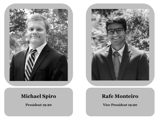 Two black-and-white portraits of young men in suits, each labeled with their names and titles, Michael Spiro as President 19-20 and Rafe Monteiro as Vice President 19-20, against a background of trees.