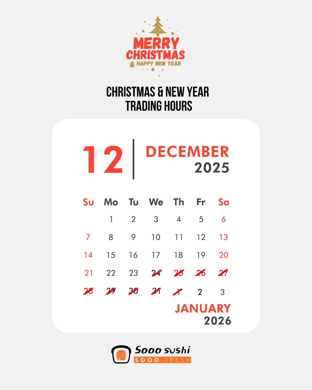 Merry Christmas and Happy New Year 🎄✨
Thank you to everyone who has supported and loved Sooo Sushi throughout the year.
We truly appreciate your continued support, and we look forward to welcoming you back with an even better experience in the comin