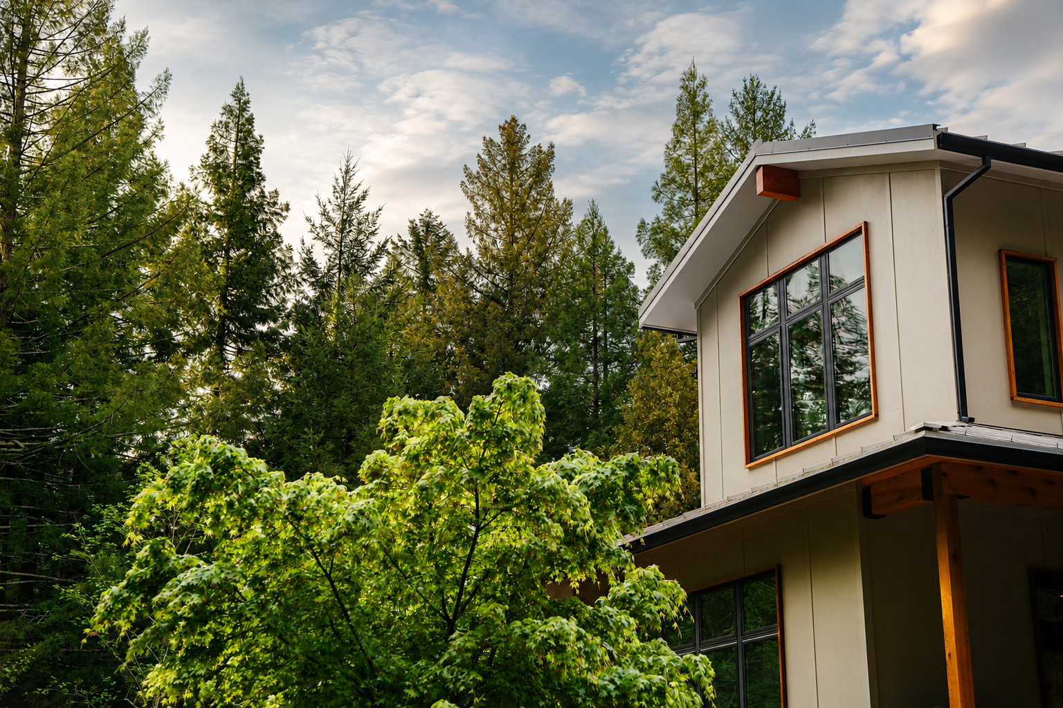 Modern house with large windows, surrounded by lush green trees, under a partly cloudy sky.