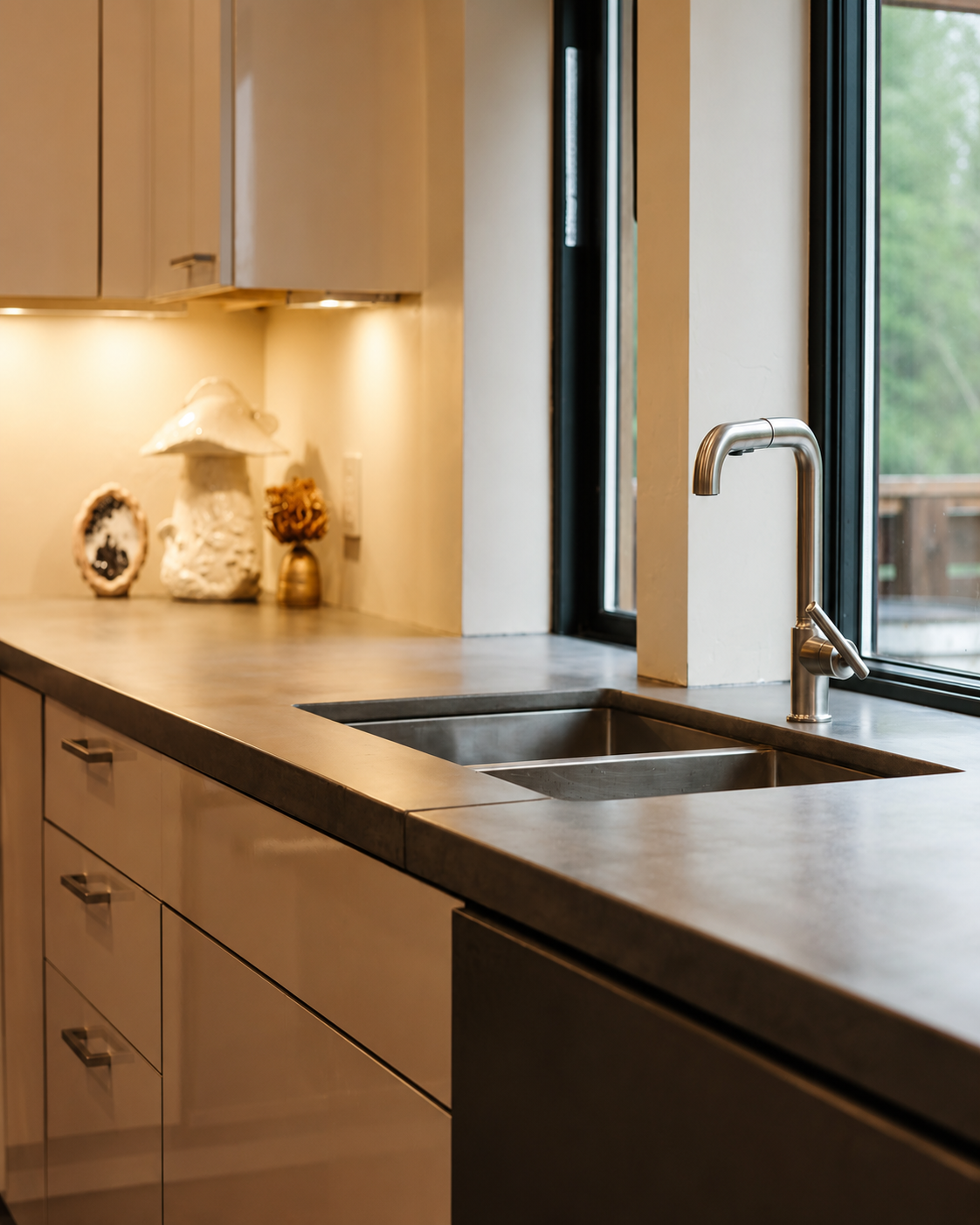 Modern kitchen sink under a large window with decorative items on the countertop.