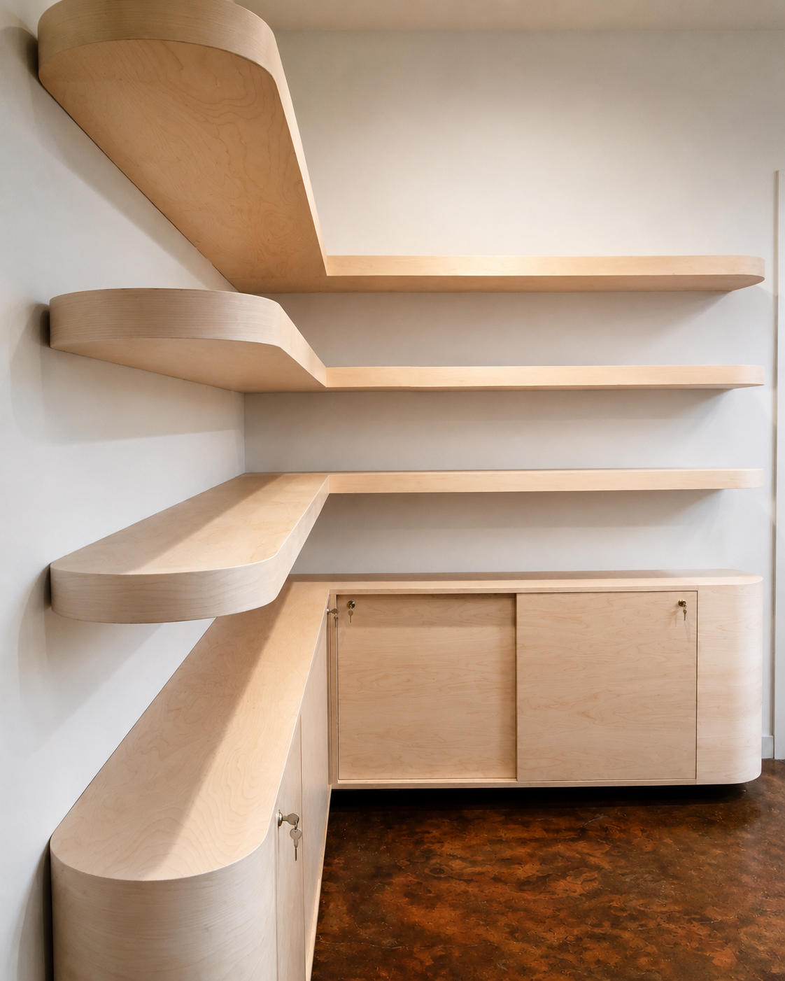 Wooden wall-mounted shelves with curved edges and a matching cabinet on a beige wall, with a reddish-brown floor.