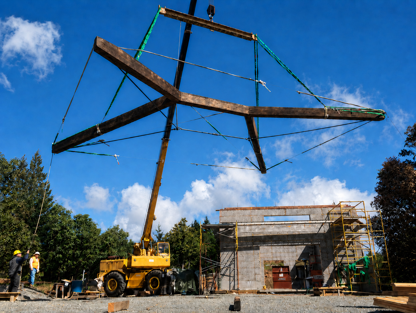 Construction workers and machinery installing a large wooden structure in a house under construction, with scaffolding and a partly built concrete wall, against a blue sky with clouds.