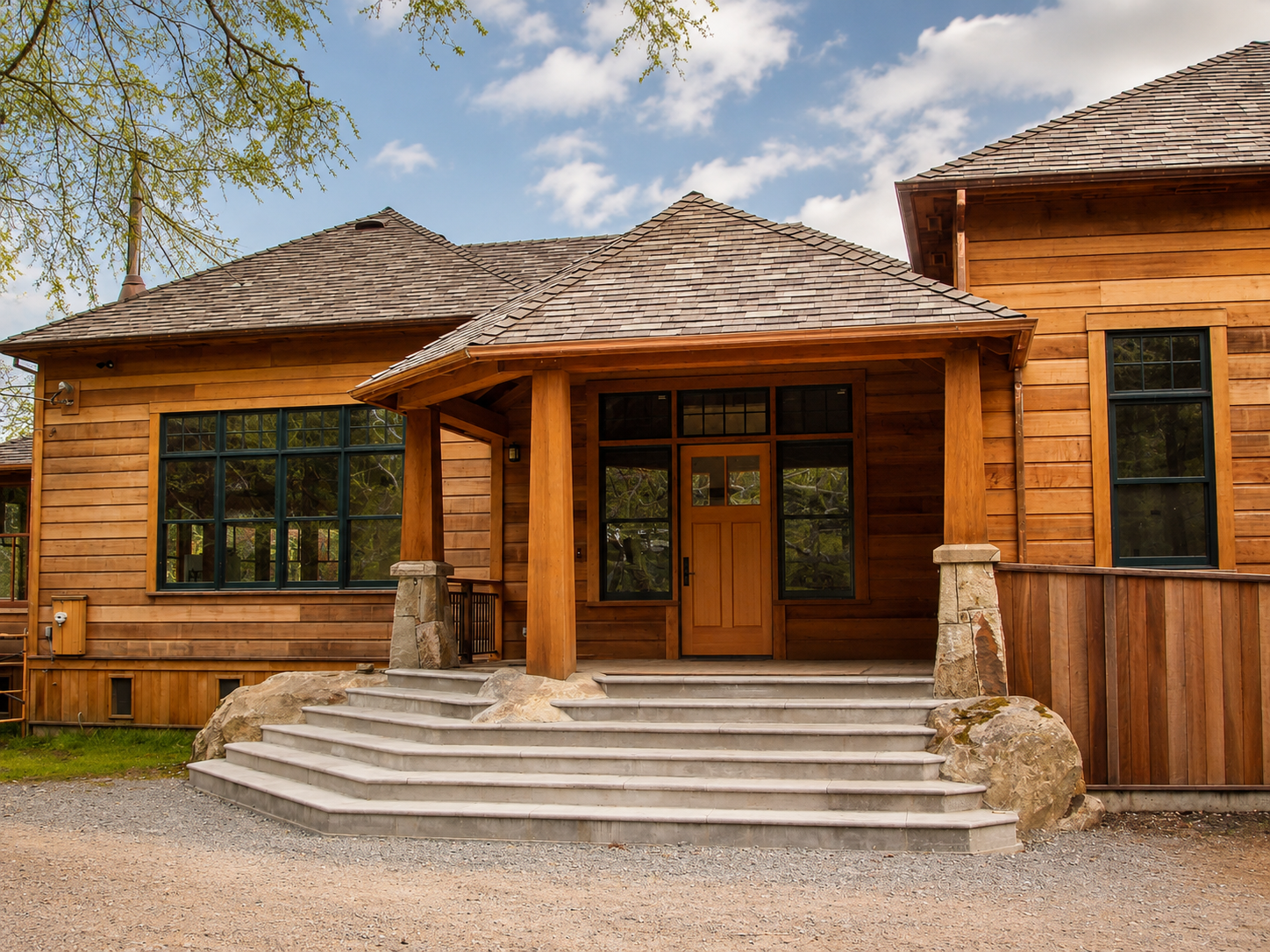 Front of a wooden house with stone steps leading to the entrance, surrounded by greenery and a blue sky with clouds.