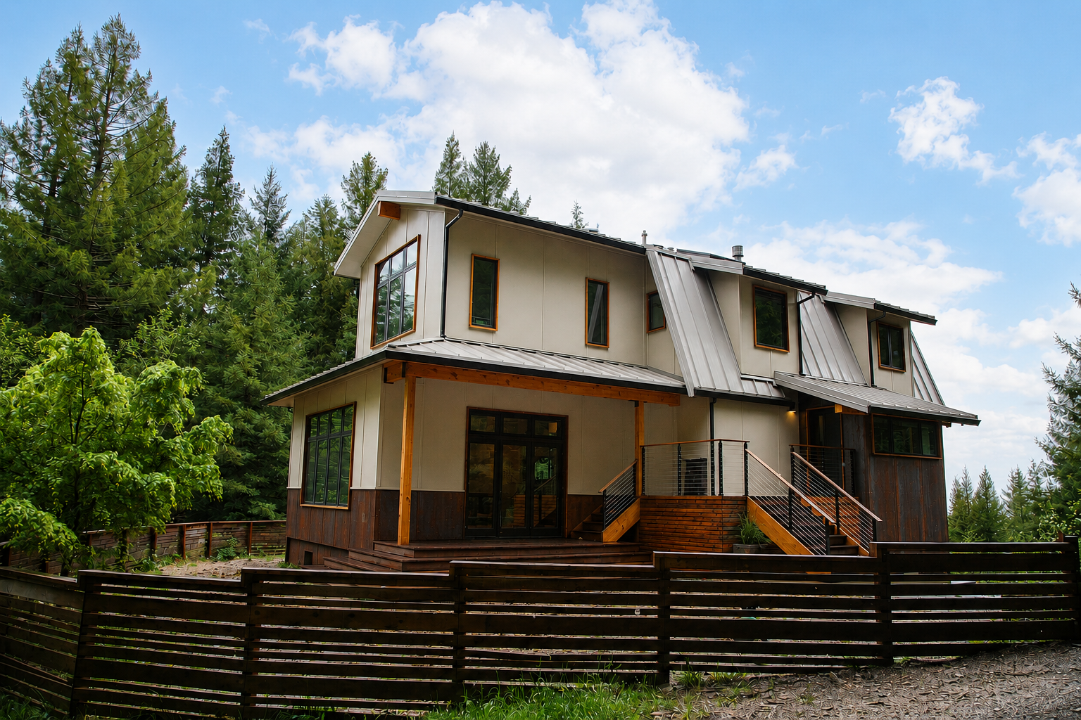 Modern two-story house with large windows, metal roof, and a wooden deck surrounded by trees, under a partly cloudy sky.