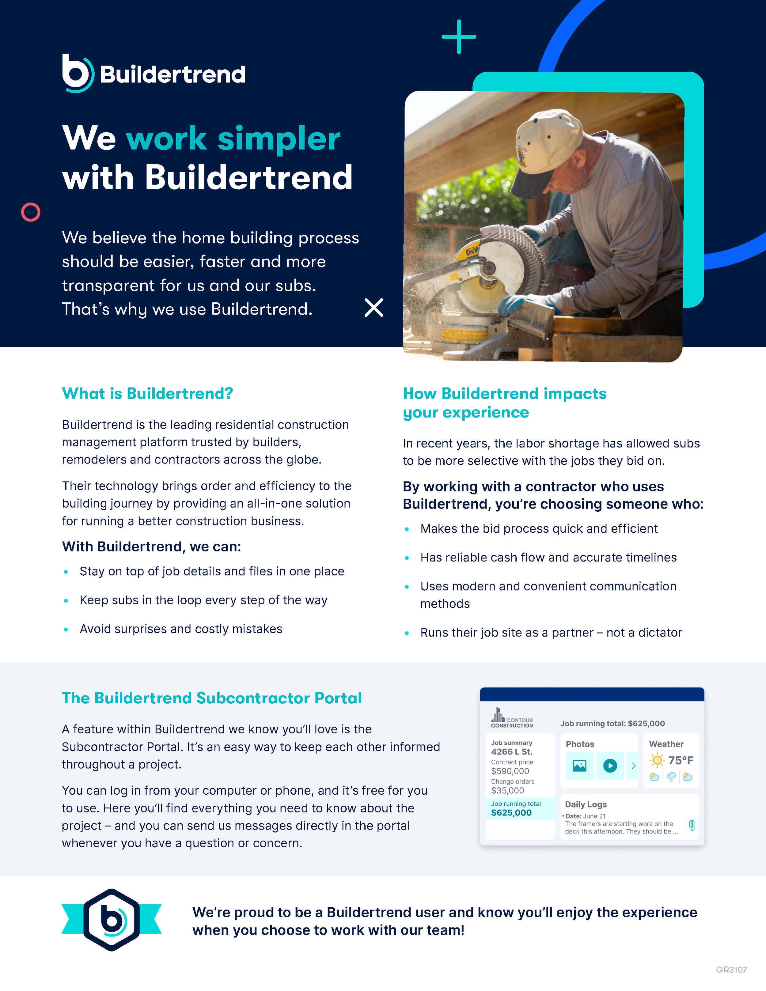 Screenshot of Buildertrend website homepage featuring a construction worker using a circular saw outdoors, with text describing Buildertrend's management platform and subcontractor portal.