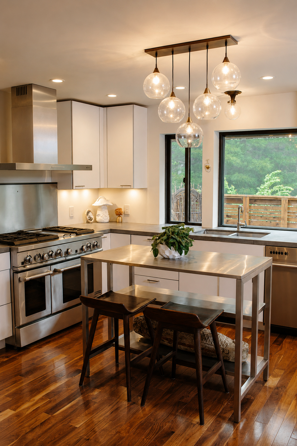 Modern kitchen with white cabinets, stainless steel appliances, a wooden island with metal frame, and a cluster of globe pendant lights hanging from the ceiling, with large windows overlooking a wooden fence and greenery.