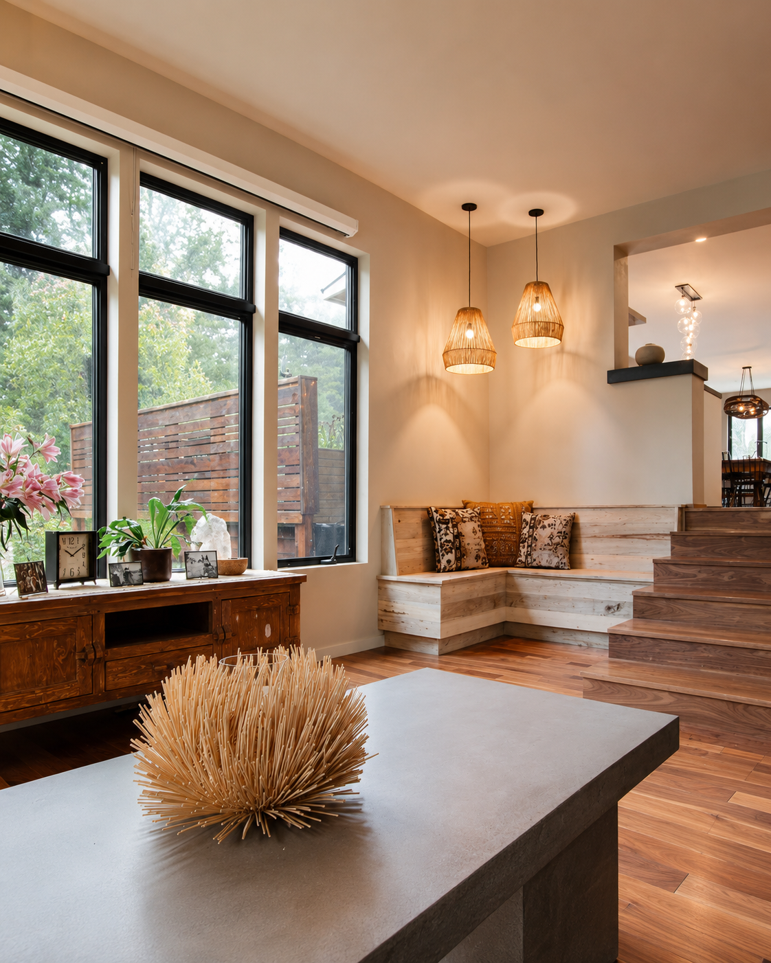 A cozy living space with large windows, wooden furniture, and pendant lights, decorated with cushions and plants.