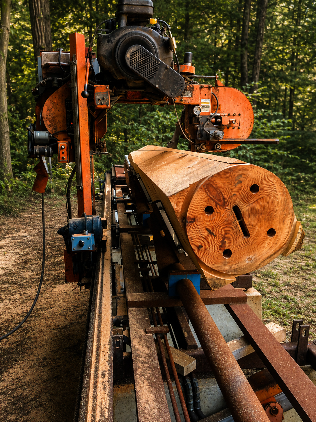 A large outdoor sawmill processing a log into lumber, with a mechanical saw cutting through the wood.