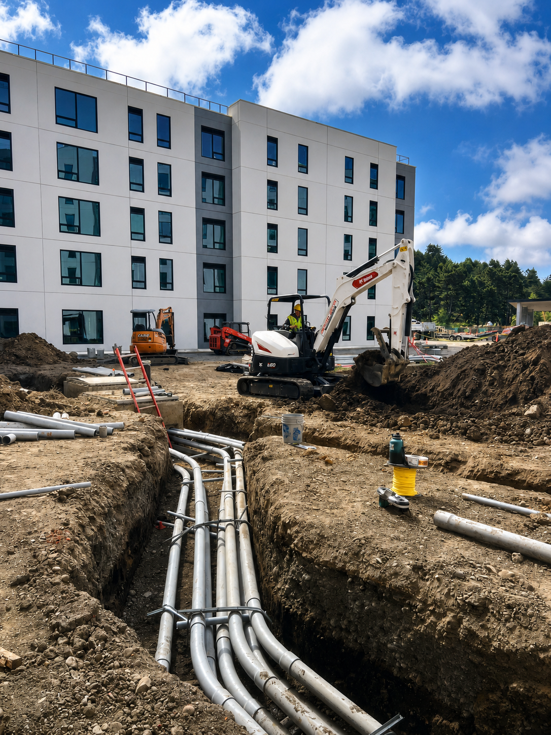 Construction site with pipes, an excavator, and workers in front of a modern building with multiple windows under a partly cloudy sky.