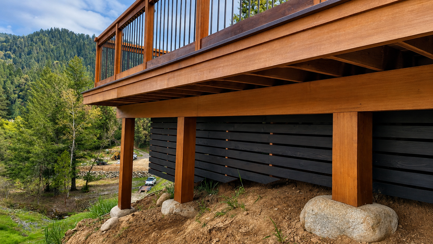 View of a wooden house with a balcony supported by wooden posts, overlooking a green landscape with trees and hills. The house features natural wood and black siding.