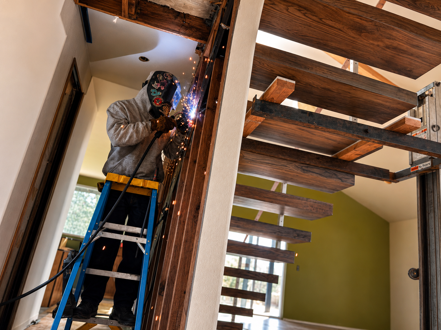 A worker welding metal frames on a blue ladder inside a house under construction.