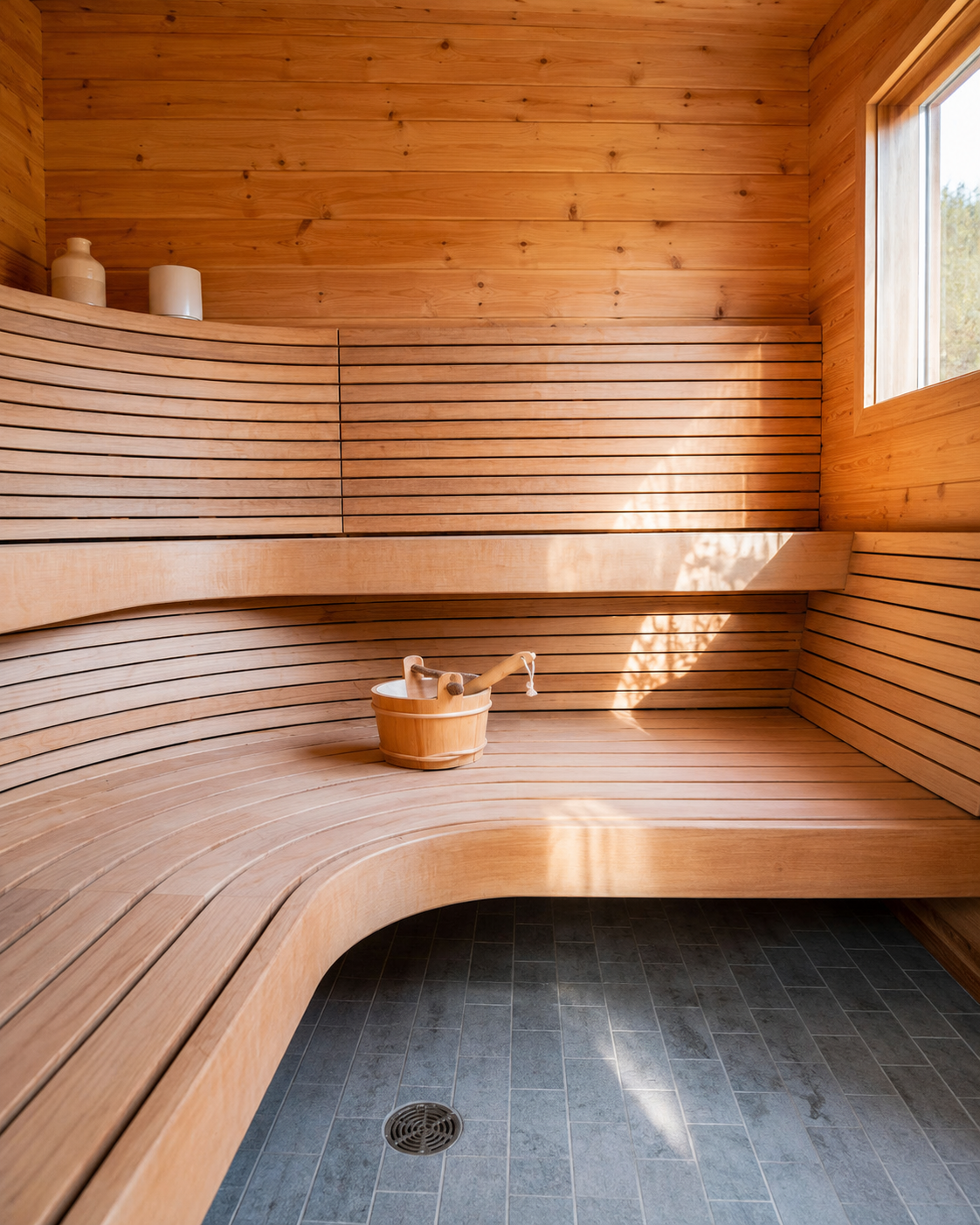 Wood-paneled sauna room with bench seating, a wooden bucket with a ladle, and a window allowing natural light.