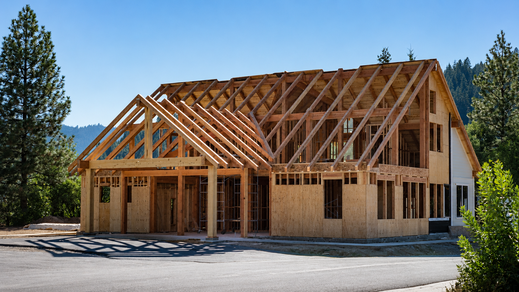 A house under construction with an exposed wooden frame and roof trusses, surrounded by trees and mountains in the background.