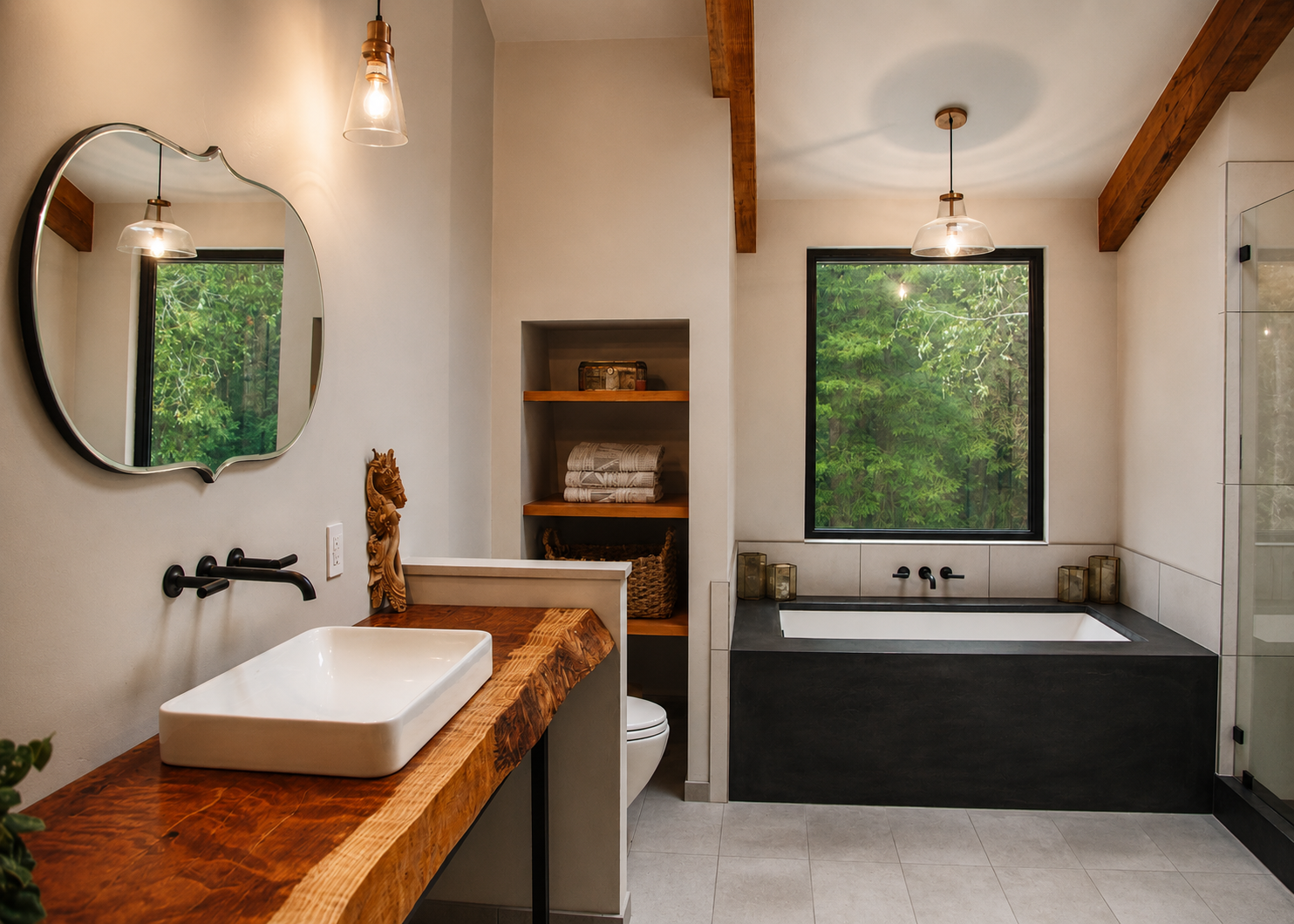 Modern bathroom with a wooden countertop and vessel sink, a mirror, a built-in shelf with towels, a large window showing greenery, and a black-built bathtub with candles on the ledge.