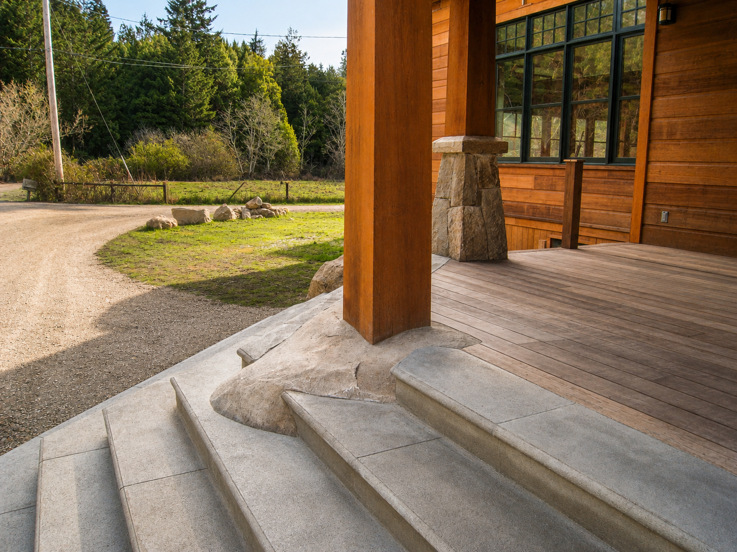 Close-up of the front porch of a wooden house with stone steps leading up to it. The porch has wooden decking, a wooden post, and large rock accents at the base of the structure. In the background, there is a gravel driveway, greenery, and trees.