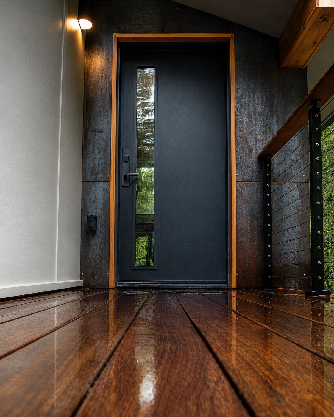 Close-up view of a modern black front door with a vertical glass panel, framed with wood, on a wet wooden deck outside with greenery reflected in the glass.