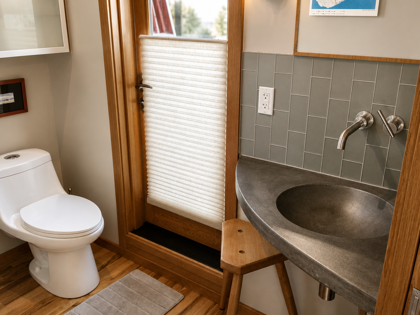 A bathroom with a toilet, a small sink with a black countertop, and a window with a paper shade. The wall behind the sink has grey tiles, an electrical outlet, and a mirror. There is a small wooden bench under the sink and a beige rug on the wooden f