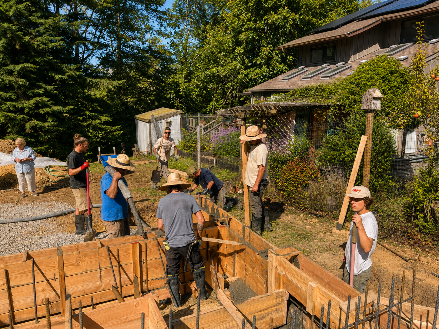 Multiple people working on a construction site in a backyard, digging and building foundation with wooden forms, surrounded by trees and a house.