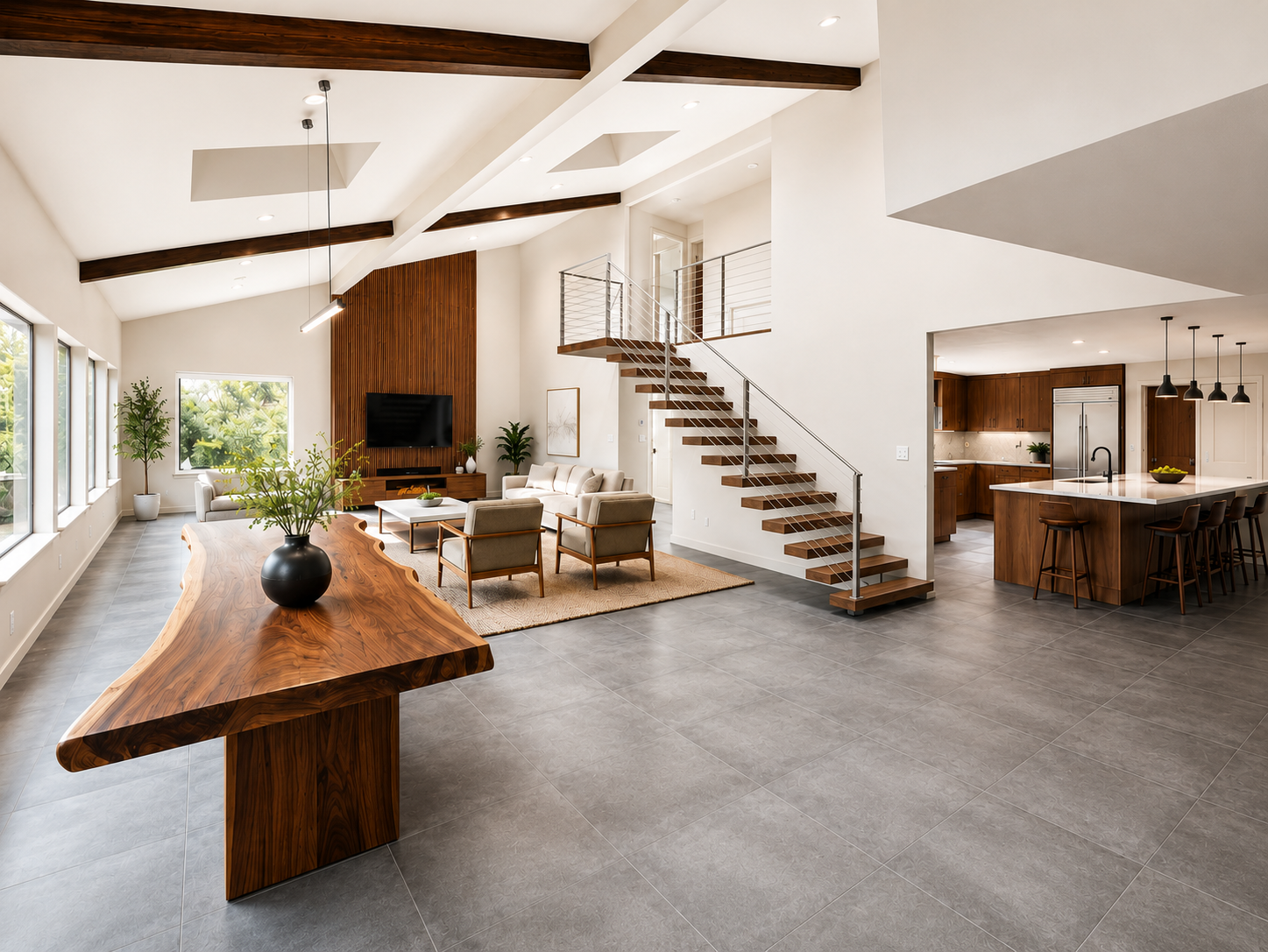 Spacious open-concept living area with large windows, modern furniture, a staircase, and a view of the kitchen.