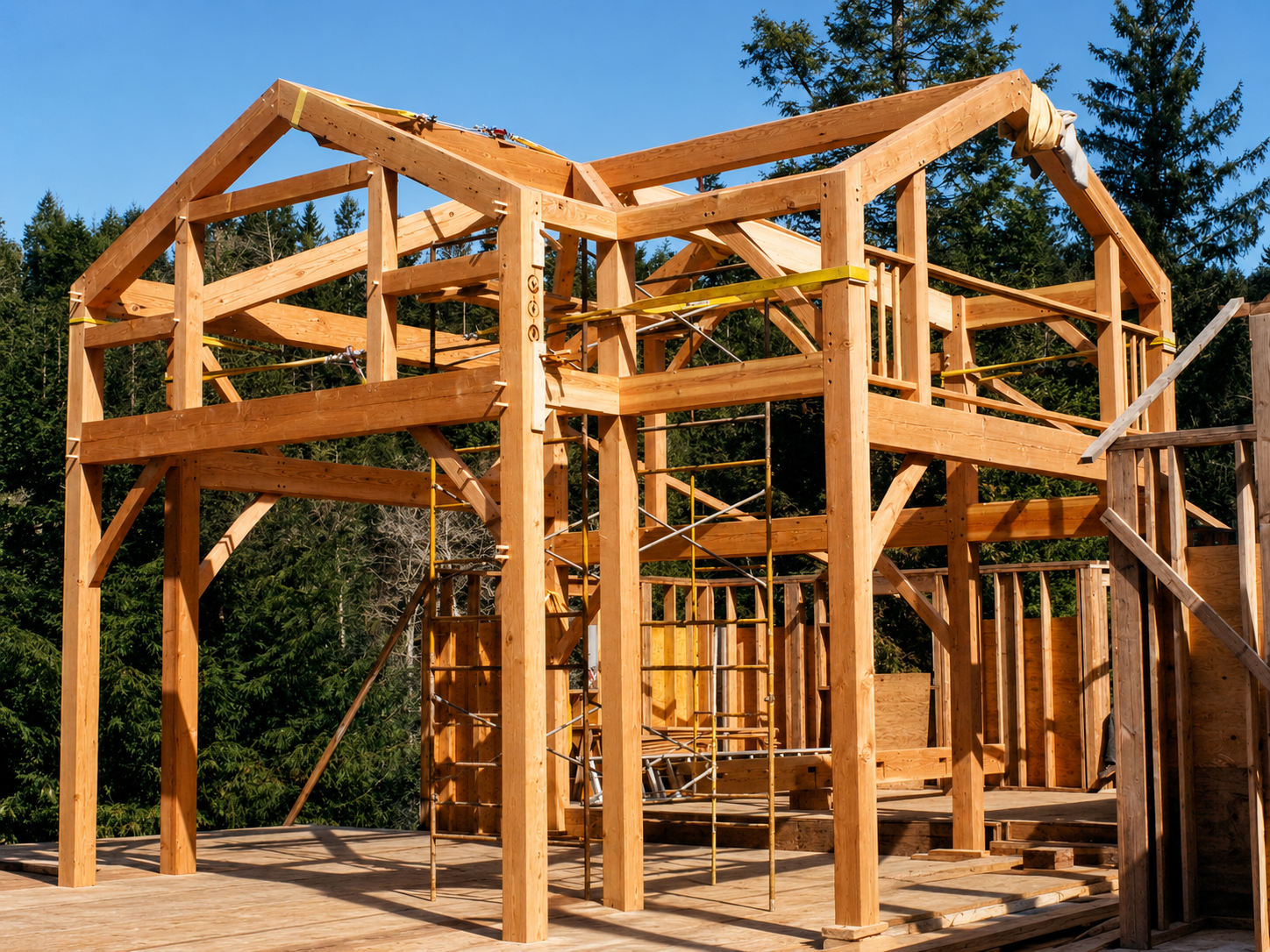 Wooden house frame under construction with scaffolding, set against a background of trees and a blue sky.